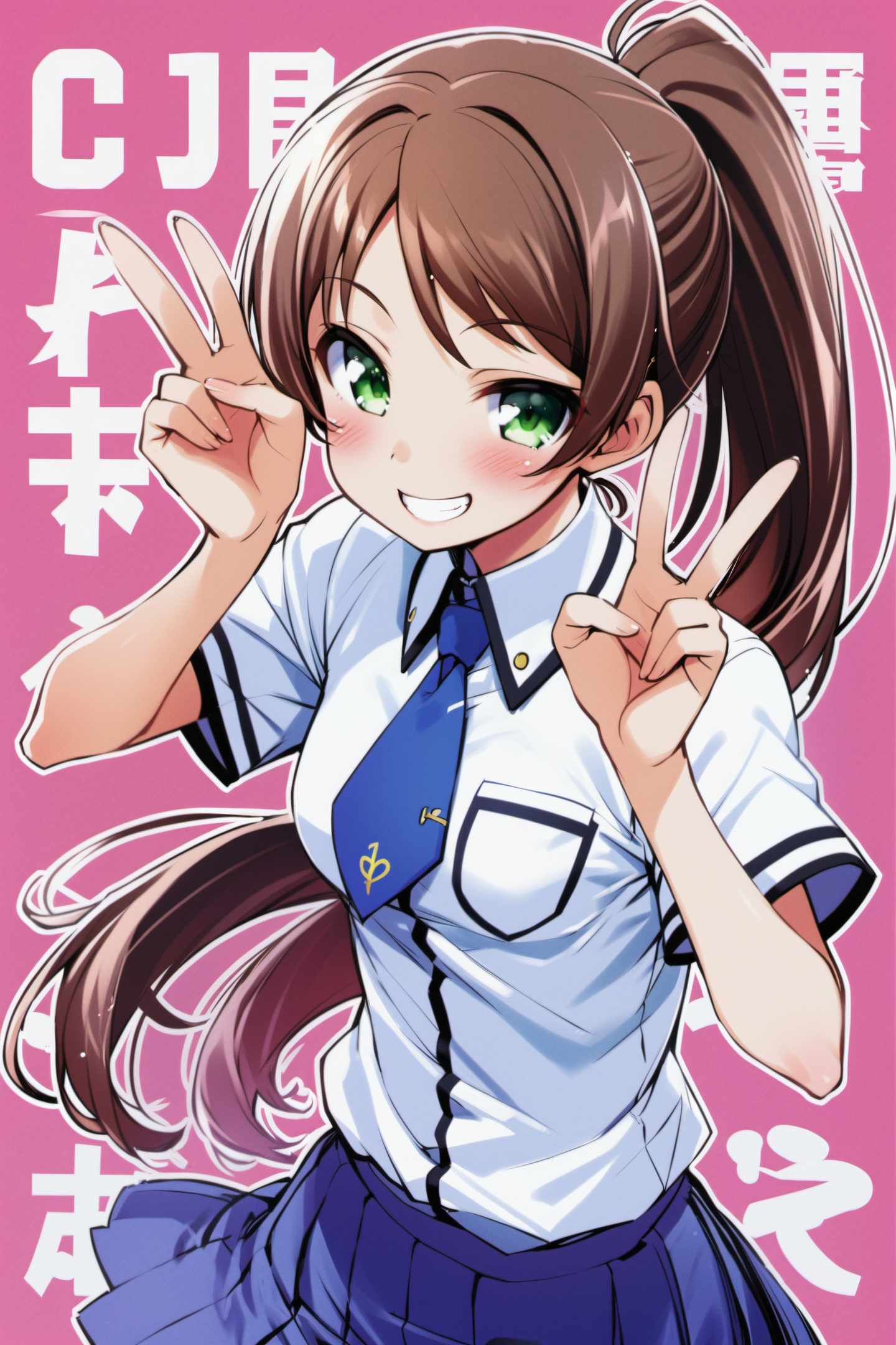 22353-830118702-Shimada Minami, 1girl, solo, green eyes, school uniform, ponytail, brown hair, v, skirt, smile, grin, blush, necktie,long hair,.png